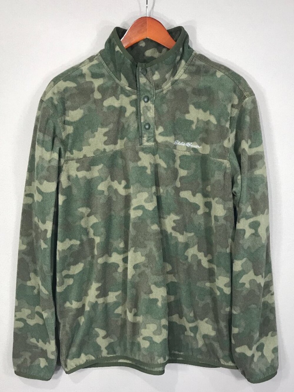 Eddie Bauer Sweatshirt Men XL Green Camo Fleece Pullover Button Mock Long Sleeve